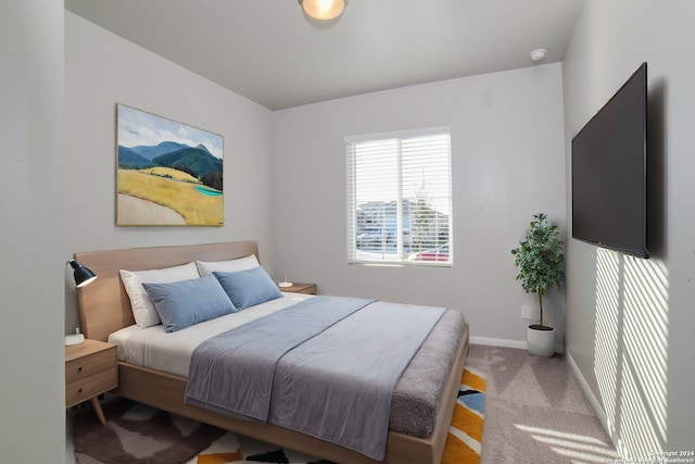 bedroom with light colored carpet