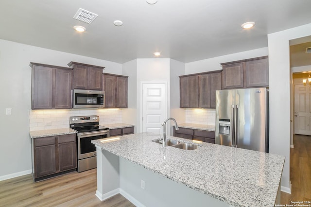 kitchen with decorative backsplash, light stone counters, stainless steel appliances, sink, and a center island with sink