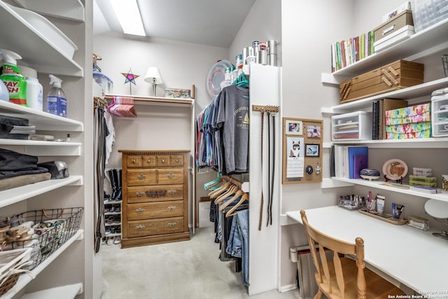 walk in closet with light carpet