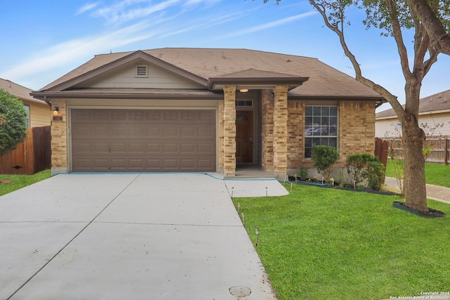 ranch-style house with a front lawn and a garage