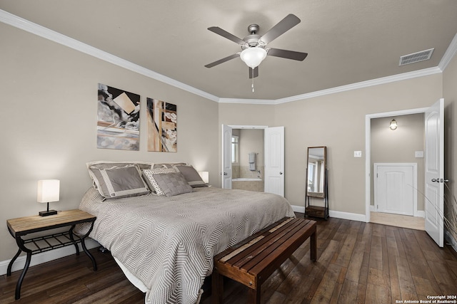 bedroom with dark wood-type flooring, ensuite bath, ceiling fan, and crown molding