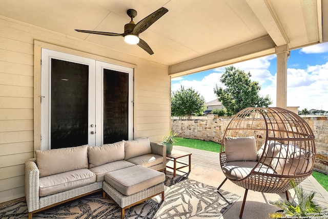 view of patio featuring ceiling fan and an outdoor hangout area