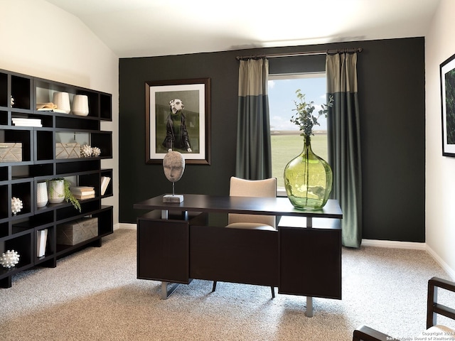 home office featuring carpet flooring and lofted ceiling