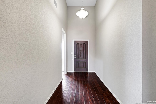 hall featuring wood-type flooring and a high ceiling