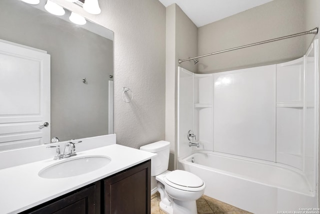 full bathroom with bathing tub / shower combination, vanity, and toilet