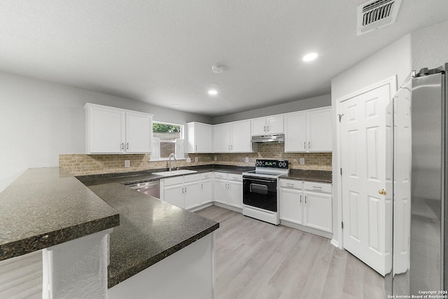 kitchen featuring white cabinets, sink, decorative backsplash, kitchen peninsula, and stainless steel appliances