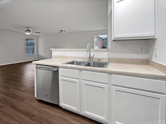 kitchen with dishwasher, white cabinetry, ceiling fan, and sink