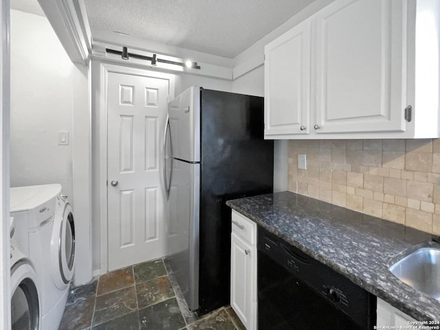 kitchen with stainless steel fridge, tasteful backsplash, a textured ceiling, white cabinets, and black dishwasher