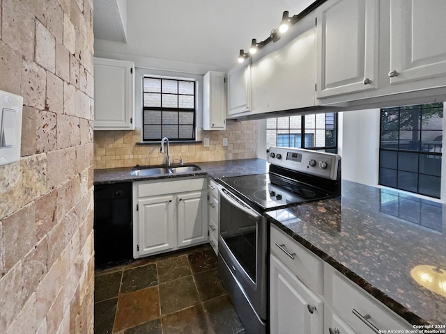 kitchen with white cabinets, stainless steel electric range, and black dishwasher