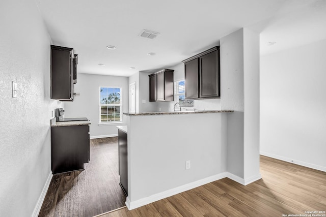 kitchen featuring stove, sink, light stone countertops, dark brown cabinets, and dark hardwood / wood-style flooring