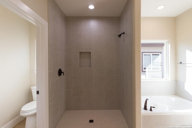 bathroom with toilet and separate shower and tub