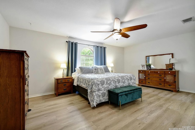 bedroom featuring ceiling fan and light hardwood / wood-style flooring