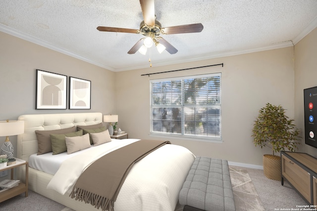 bedroom with crown molding, a textured ceiling, light colored carpet, and ceiling fan