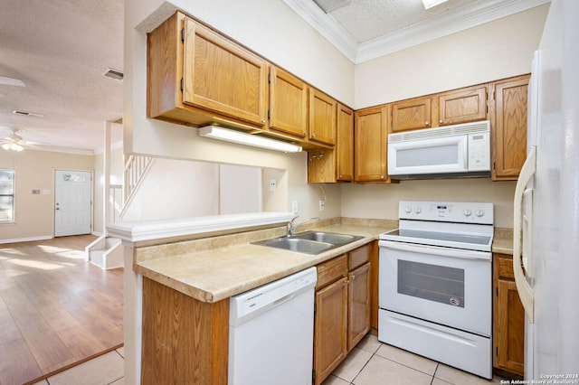 kitchen featuring white appliances, kitchen peninsula, sink, and a textured ceiling