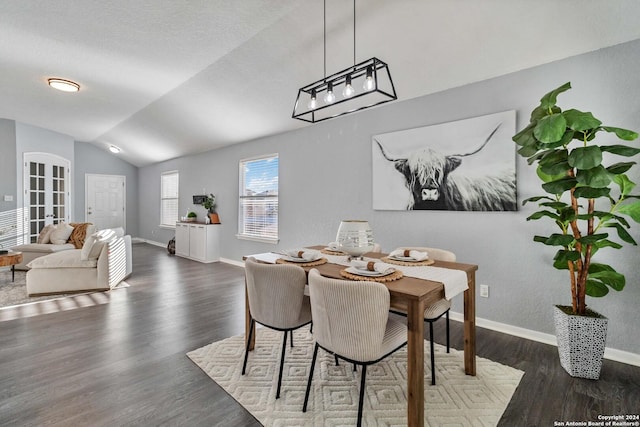 dining room with lofted ceiling and dark wood-type flooring