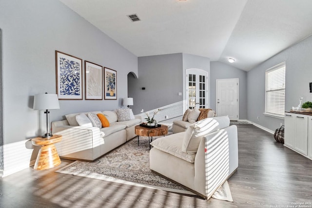 living room featuring dark hardwood / wood-style flooring and vaulted ceiling