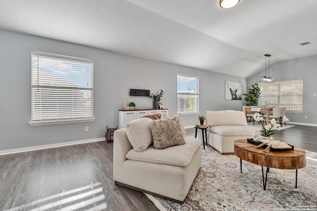 living room with vaulted ceiling and hardwood / wood-style flooring