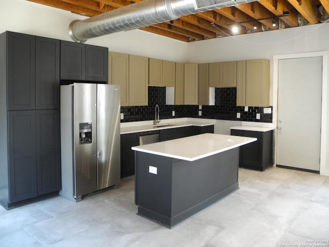 kitchen featuring a center island, stainless steel appliances, backsplash, and sink