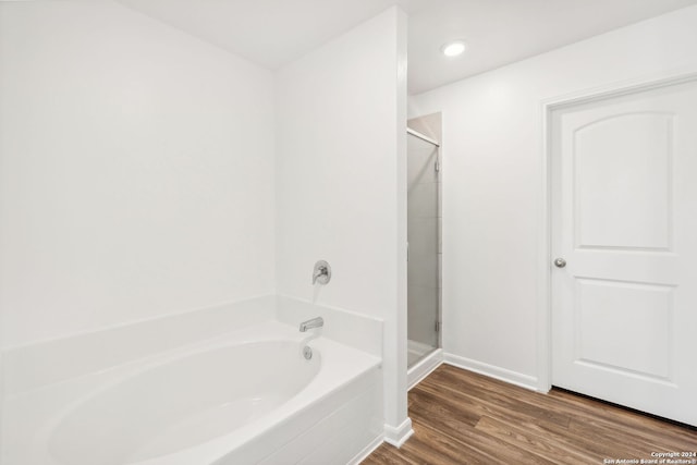 bathroom with plus walk in shower and hardwood / wood-style flooring