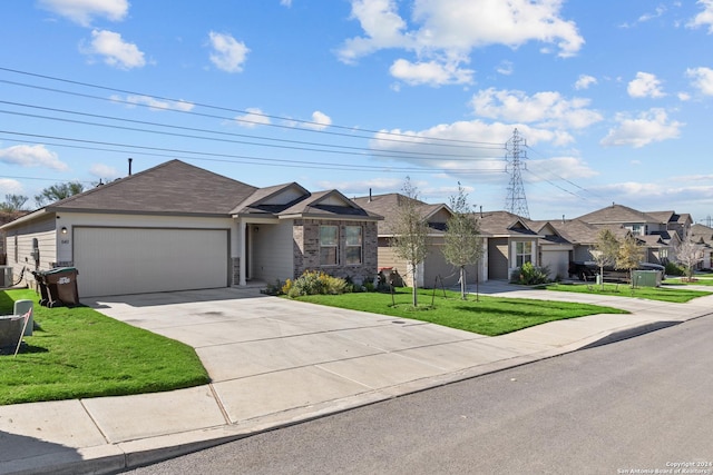 single story home featuring cooling unit, a garage, and a front lawn