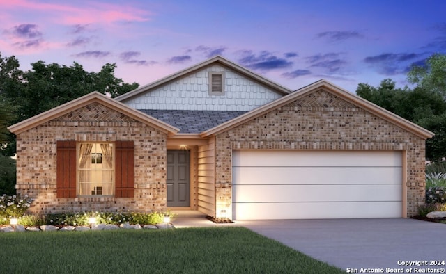 view of front of home with a garage, brick siding, concrete driveway, and a shingled roof