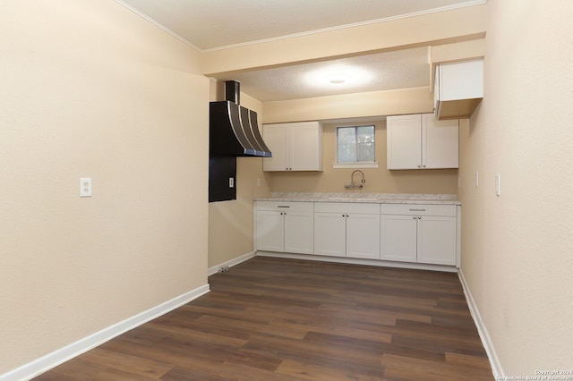 kitchen featuring white cabinets, sink, crown molding, and dark wood-type flooring