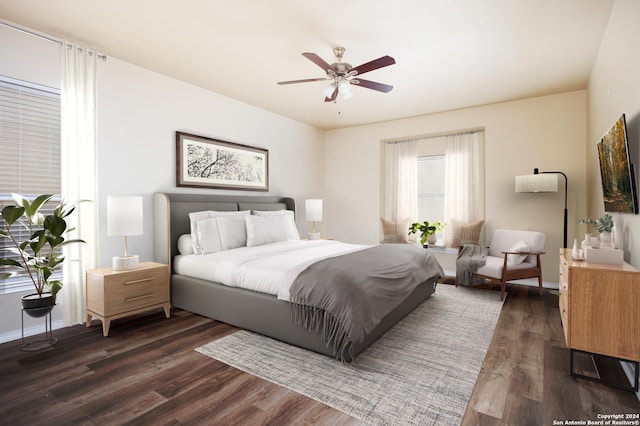 bedroom featuring ceiling fan and dark hardwood / wood-style floors