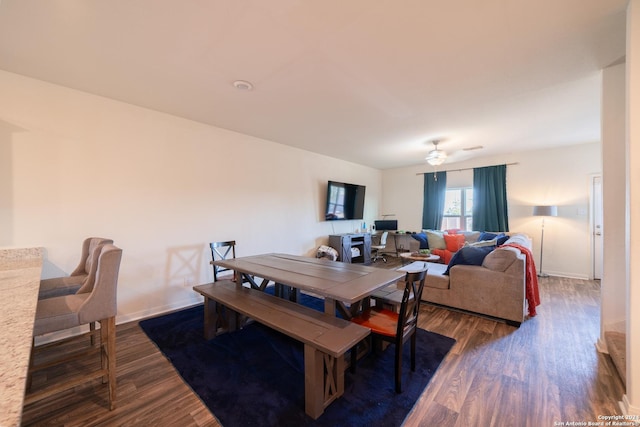 dining room with ceiling fan and dark hardwood / wood-style floors