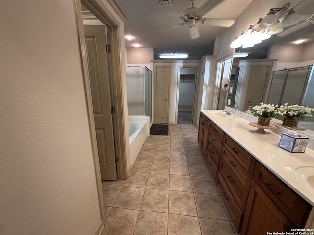 bathroom with separate shower and tub, ceiling fan, tile patterned flooring, and vanity