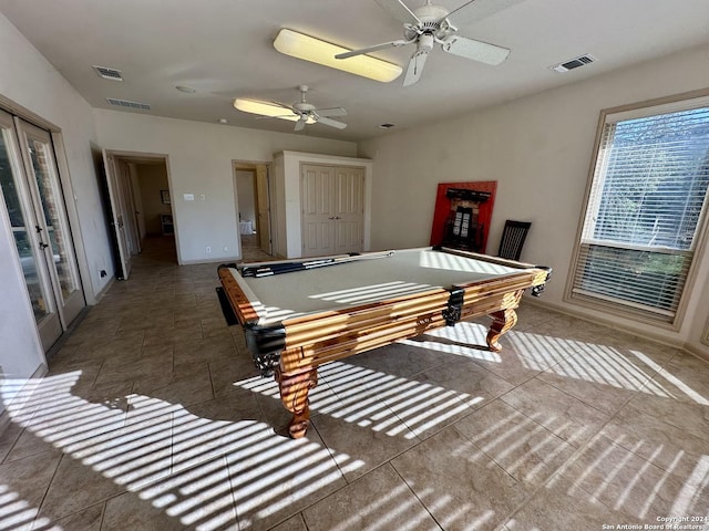 rec room with ceiling fan, french doors, and billiards