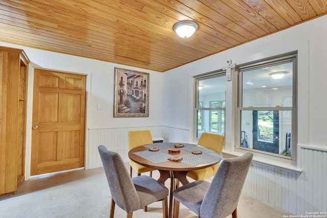 dining area with wooden walls and wooden ceiling