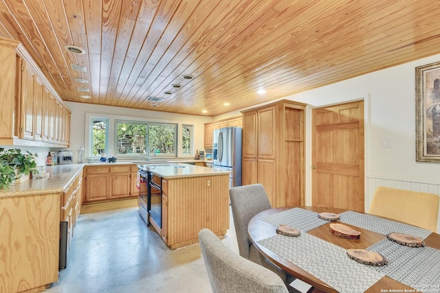 kitchen with a kitchen island, stainless steel fridge with ice dispenser, light brown cabinets, and wood ceiling