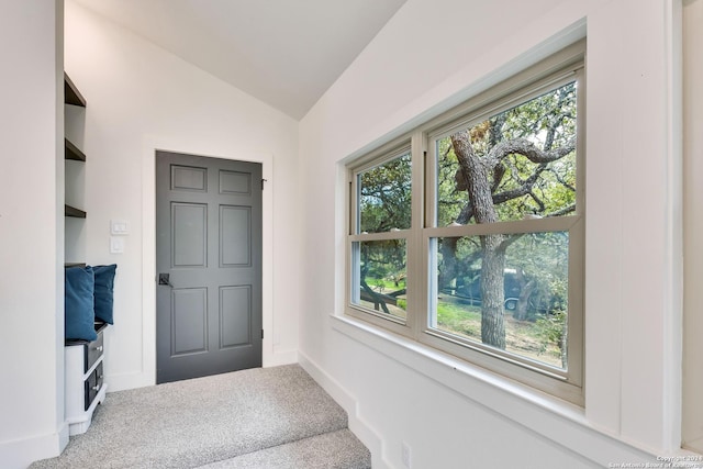 interior space featuring carpet floors and vaulted ceiling