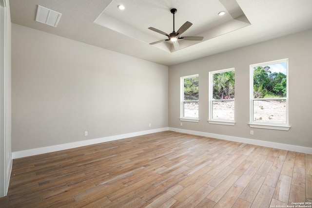 spare room featuring a tray ceiling, a healthy amount of sunlight, and light wood-type flooring