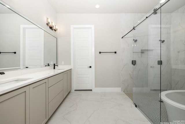 bathroom with vanity and plus walk in shower