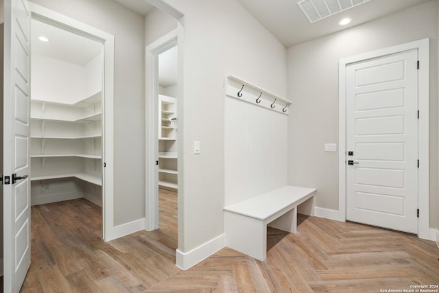 mudroom featuring light parquet floors