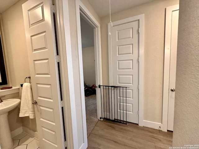 bathroom with hardwood / wood-style floors