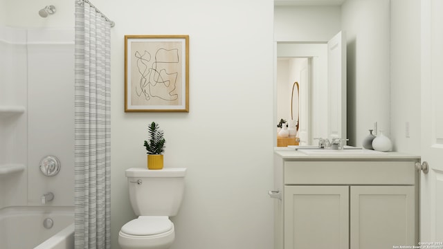 full bathroom with shower / bath combination with curtain, vanity, and toilet