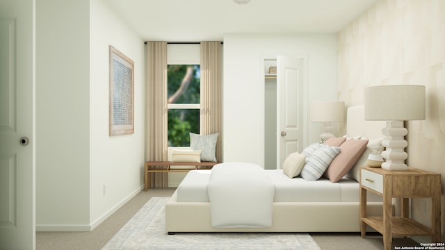 bedroom featuring light colored carpet