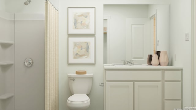 bathroom featuring a shower with curtain, vanity, and toilet