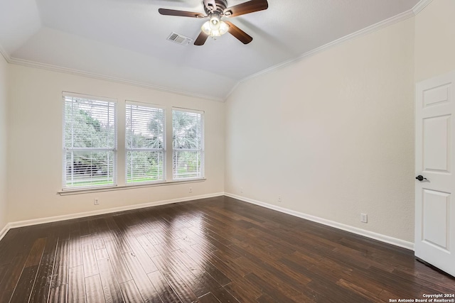 spare room with ornamental molding, dark hardwood / wood-style flooring, ceiling fan, and lofted ceiling