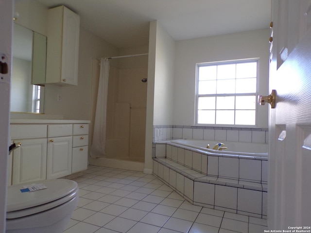 bathroom with toilet, a shower with curtain, vanity, and tile patterned floors