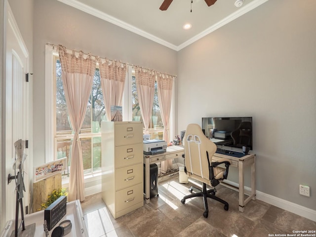 office with ceiling fan and ornamental molding