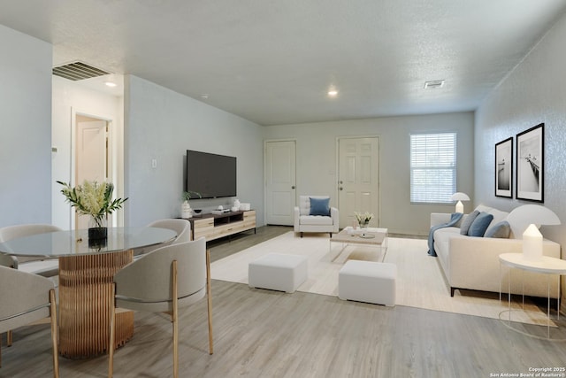 living room featuring light hardwood / wood-style floors and a textured ceiling