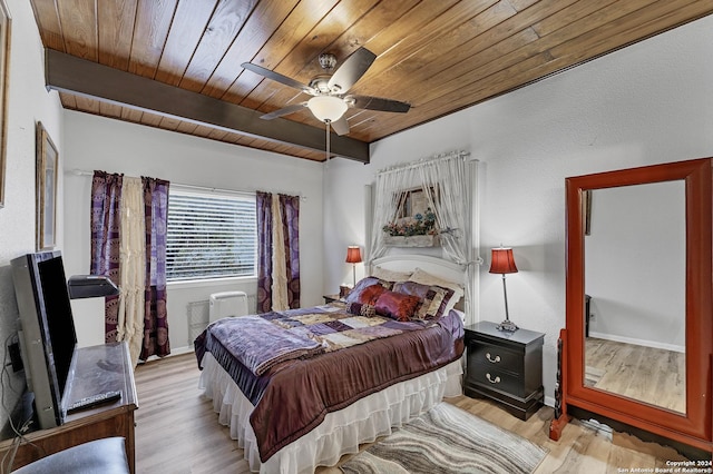 bedroom with ceiling fan, light hardwood / wood-style floors, and wood ceiling