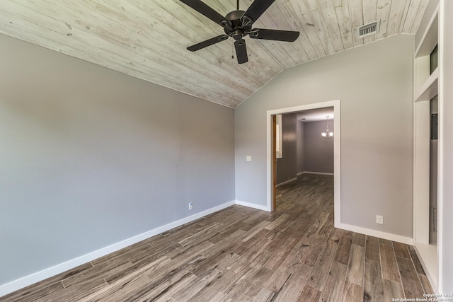 spare room with dark hardwood / wood-style floors, ceiling fan with notable chandelier, wooden ceiling, and lofted ceiling