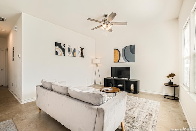 living room with ceiling fan