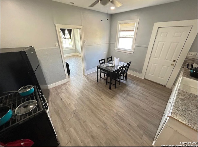 dining area featuring ceiling fan and light hardwood / wood-style floors