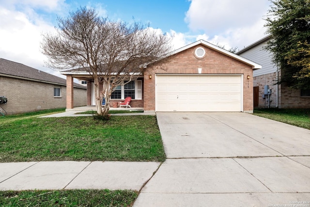 ranch-style house featuring a garage and a front lawn