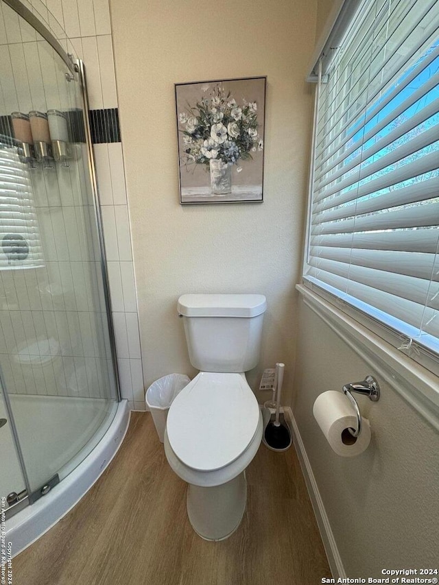 bathroom with a healthy amount of sunlight, an enclosed shower, and wood-type flooring